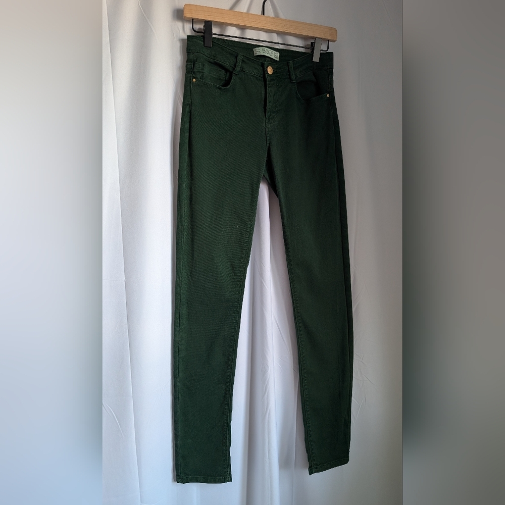 Zara Trafaluc Green Skinny Jeans Emerald Gold Button Cotton Size 4 Inseam 30